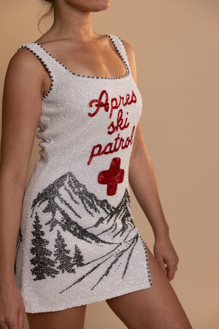 A hand-beaded dress photographed in the studio