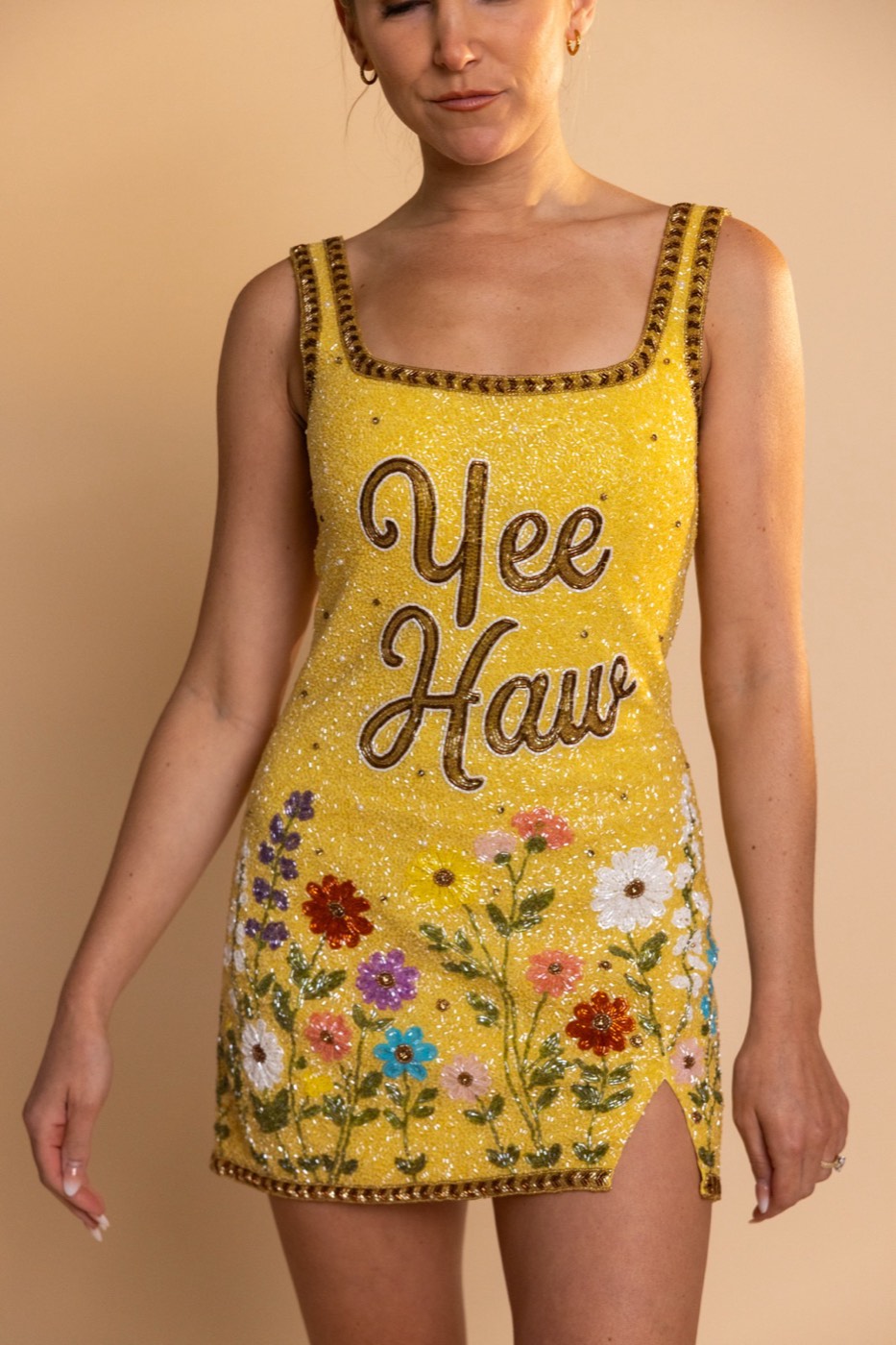 A hand-beaded dress photographed in the studio